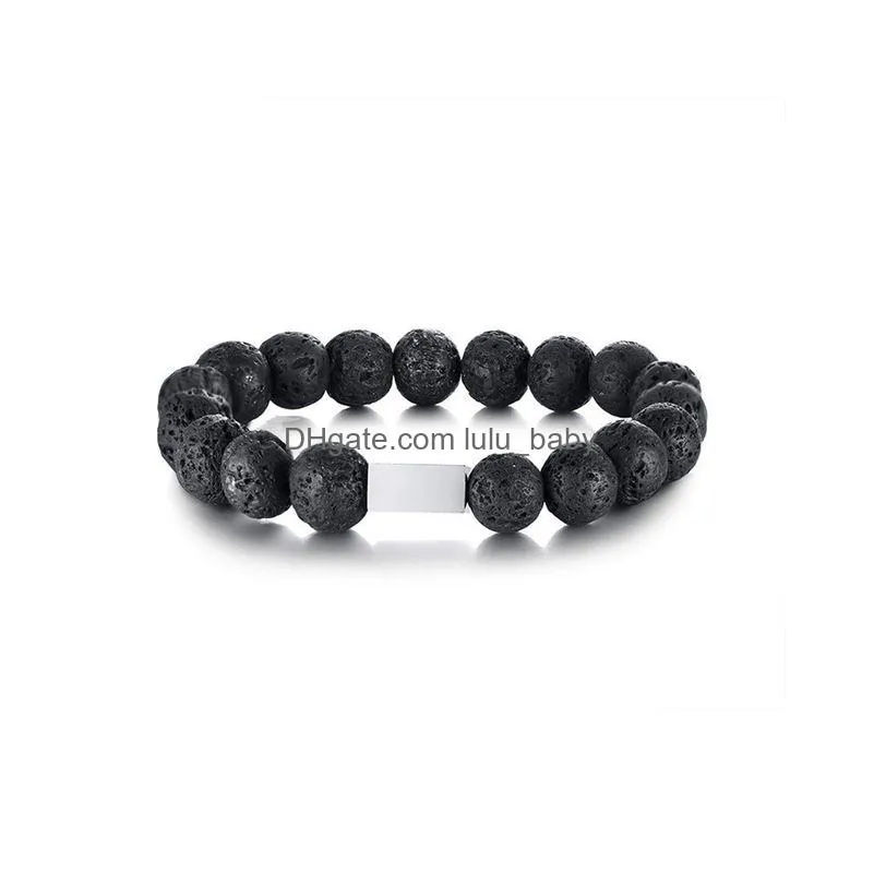 black natural stone beads link bracelet for women man simple stainless steel square tag pulseira casual jewelry