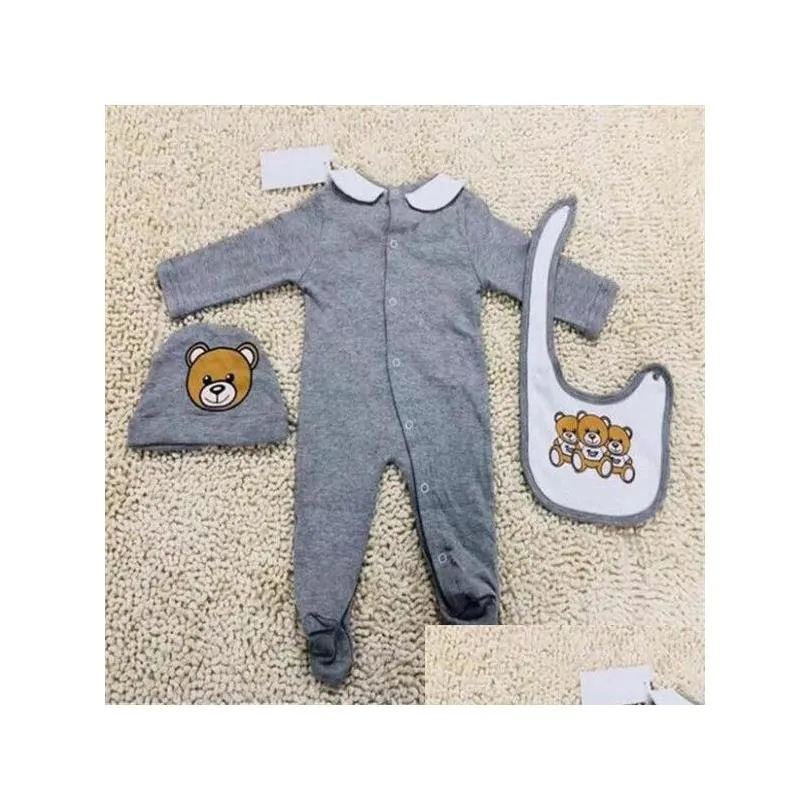 designer cute born baby clothes set infant baby boys printing bear romper baby girl jumpsuitaddbibs addcap outfits set 018 month