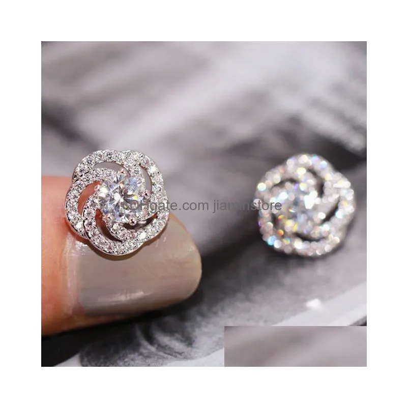 fashion women stud earring new trendy silver color rose flower shiny zircon crystal earrings ladies wedding jewelry gift
