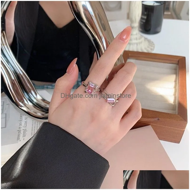 korean elegant cute pink square zircon ring for women girls fashion metal butterfly finger rings jewelry