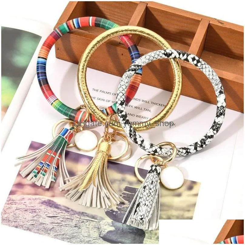 tassels bracelets women pu leather wrap key ring leopard keychain wristband candy color sunflower drip oil bracelet chains