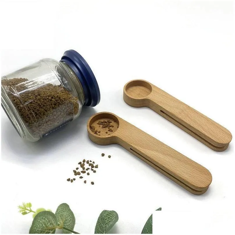 durable wood spoon with bag clip ground tea coffee bean scoop portable bags seal powder measuring tools 0428