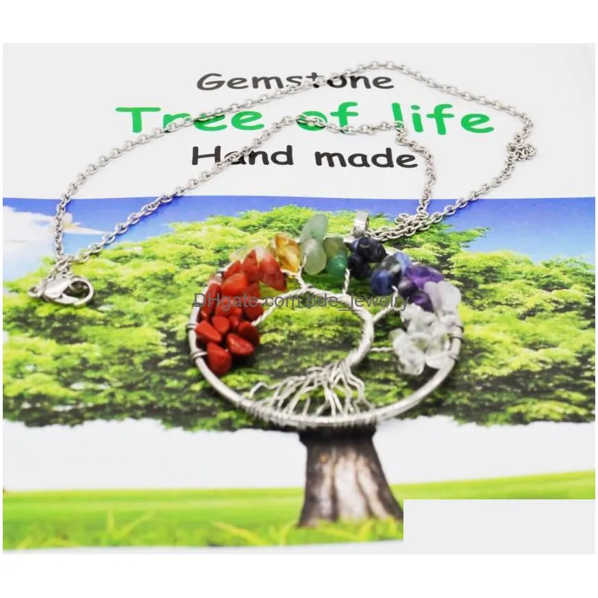 women rainbow 7 chakra amethyst tree of life quartz chips pendant necklace multicolor wisdom tree natural stone necklace 