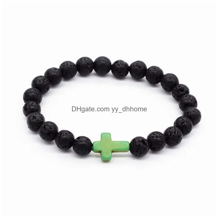 natural cross black lava stone bracelets chakra healing balance beads bracelet for men women stretch yoga jewelry