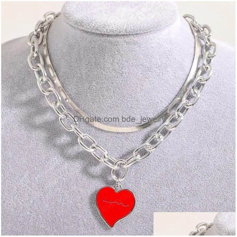 red love heart pendant necklace punk multilayer silver color metal chain clavicle necklace choker jewelry party