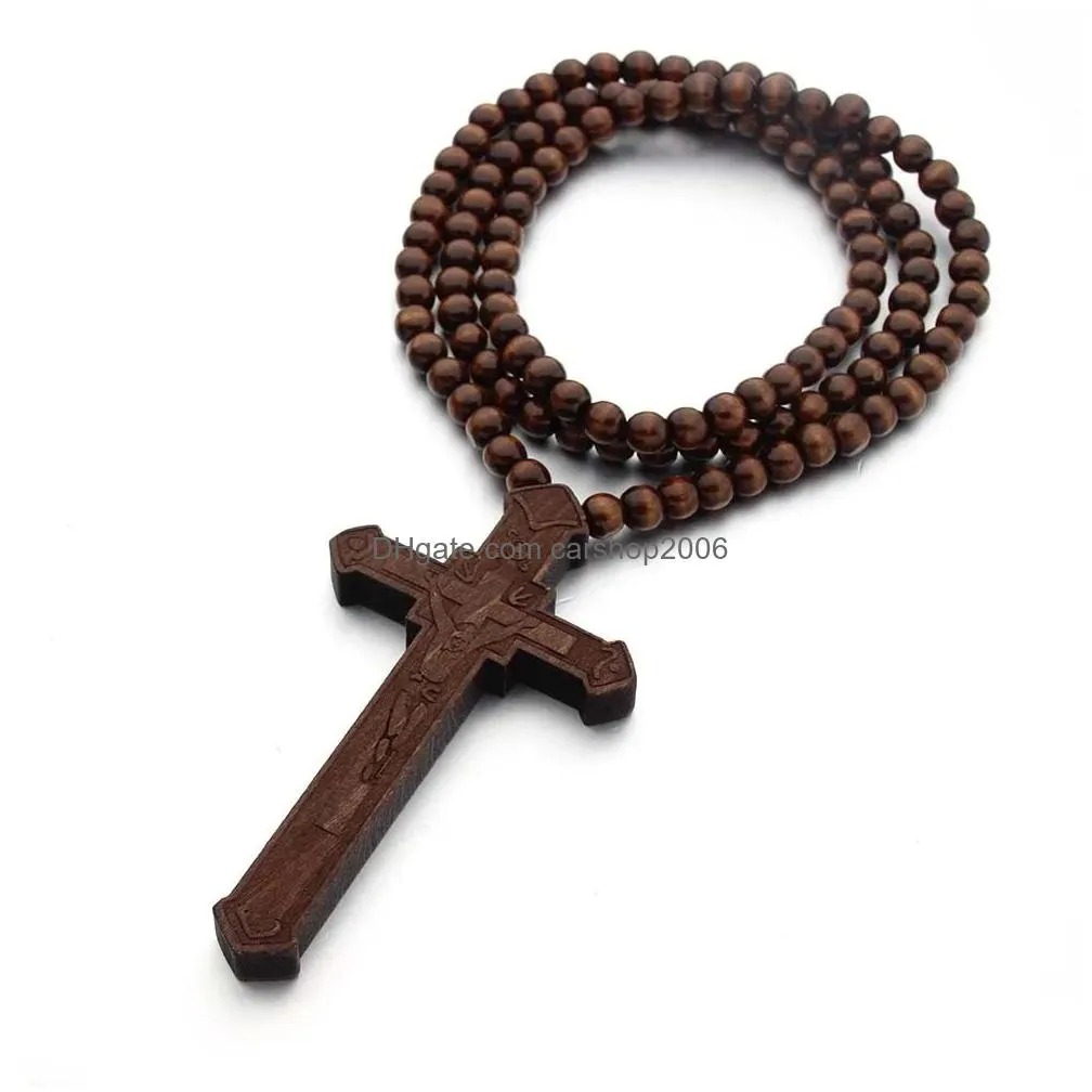 classic wood beads wooden cross pendant necklace 4 colors long chain rosary christian religious faith men women jewelry