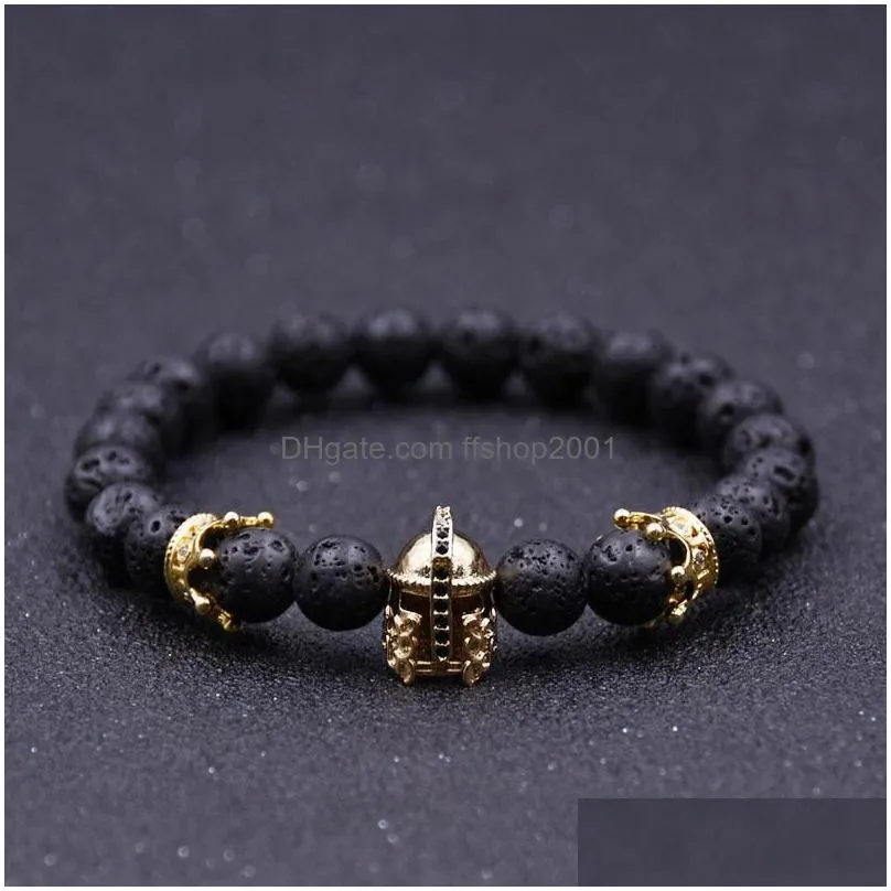 wholesale roman helmet bracelet men boy black lava rock stone crown beaded energy bracelets jewelry christmas gift