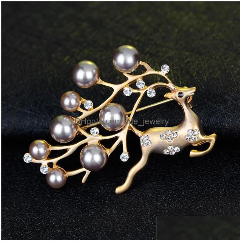 pearl rhinestone christmas reindeer brooches pins silver gold corsages scarf clips women men crystal brooch christmas jewelry gift