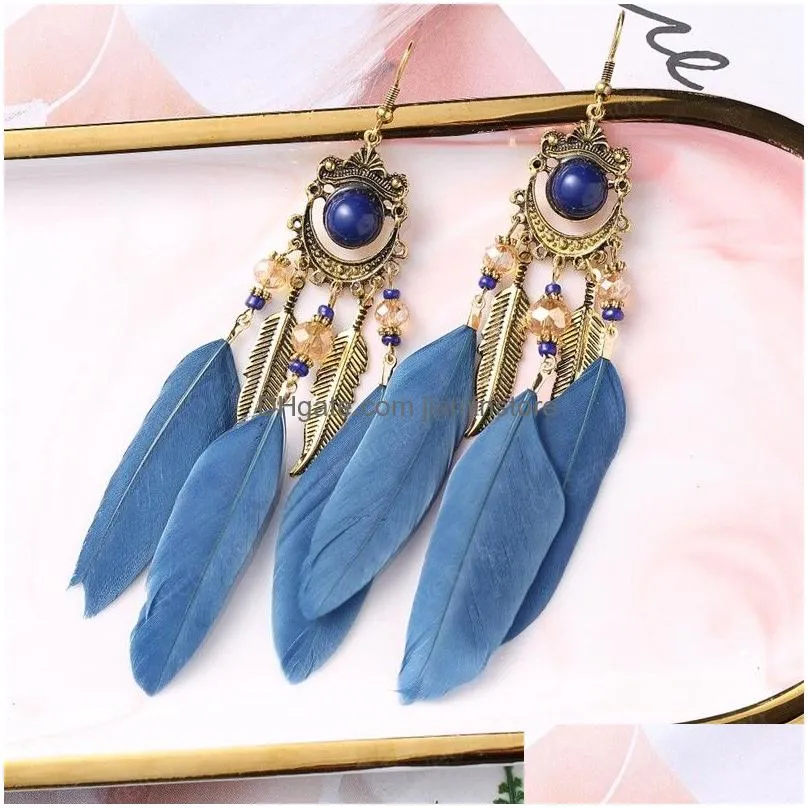 womens tassel long feather earring female 2021 retro personality rice bead fashion jewelry ethnic summer bohemian dangle earrings
