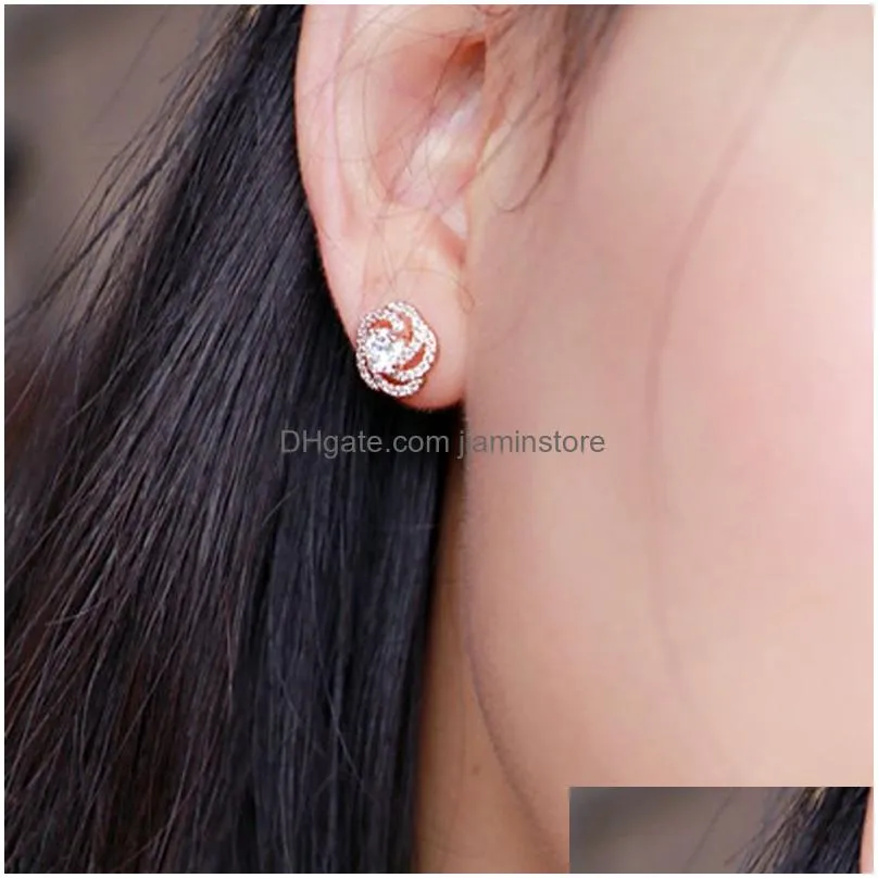 fashion women stud earring new trendy silver color rose flower shiny zircon crystal earrings ladies wedding jewelry gift