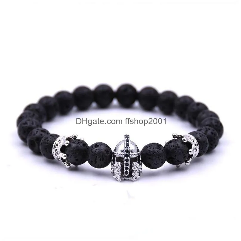 wholesale roman helmet bracelet men boy black lava rock stone crown beaded energy bracelets jewelry christmas gift