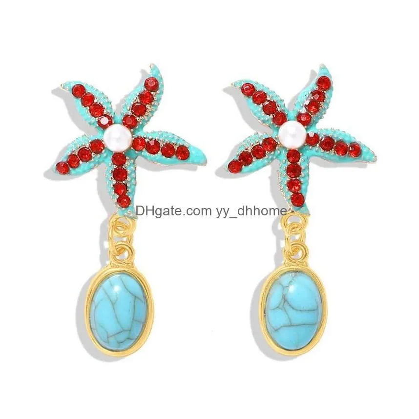 wholesale trendy gold plated oval shape green turquoise stone drop earrings for women with rhinestone jewelry
