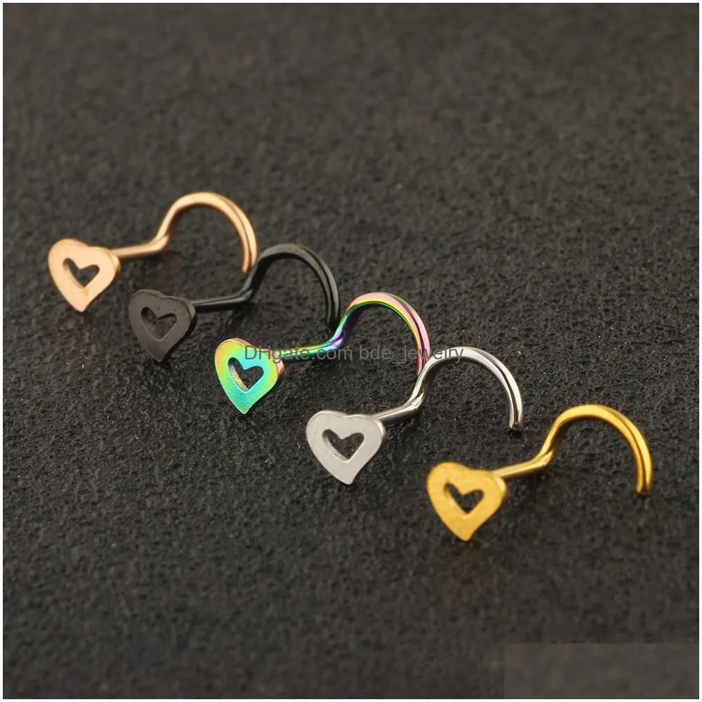 surgical steel heart nose stud rings screw bend piercing jewelry women nose pin