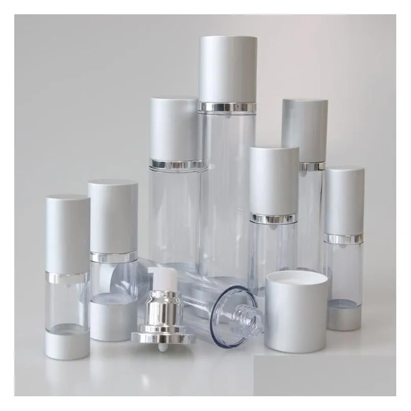 silver empty cosmetic airless bottle 15ml 30ml 50ml portable refillable plastic pump bottles for liquid lotion essence