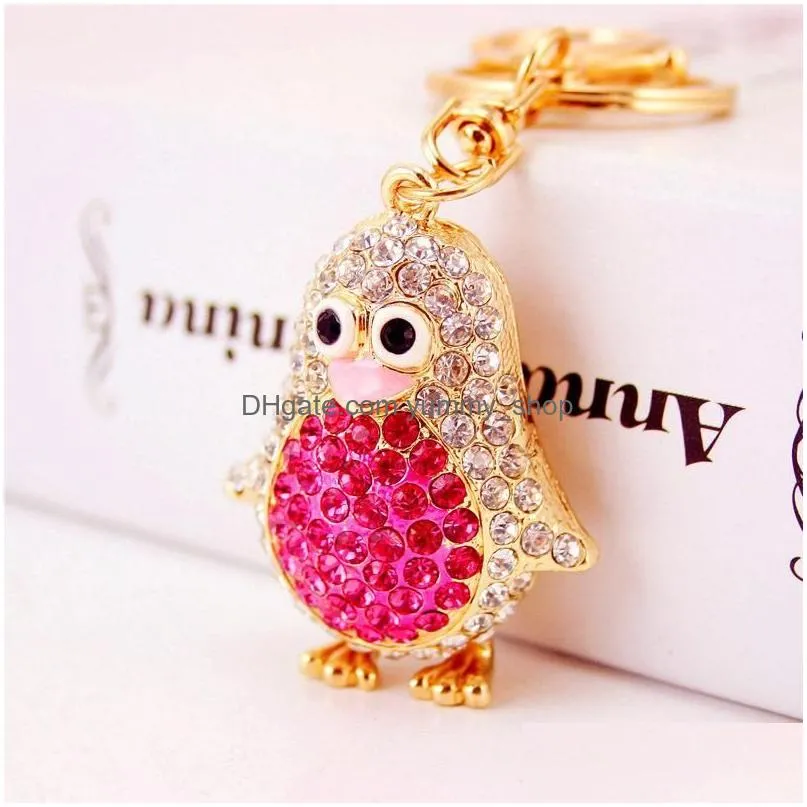 colorful cute bag keychain rhinestone animal penguin pendant car accessories key chains gold tone lobster clasp key ring holder