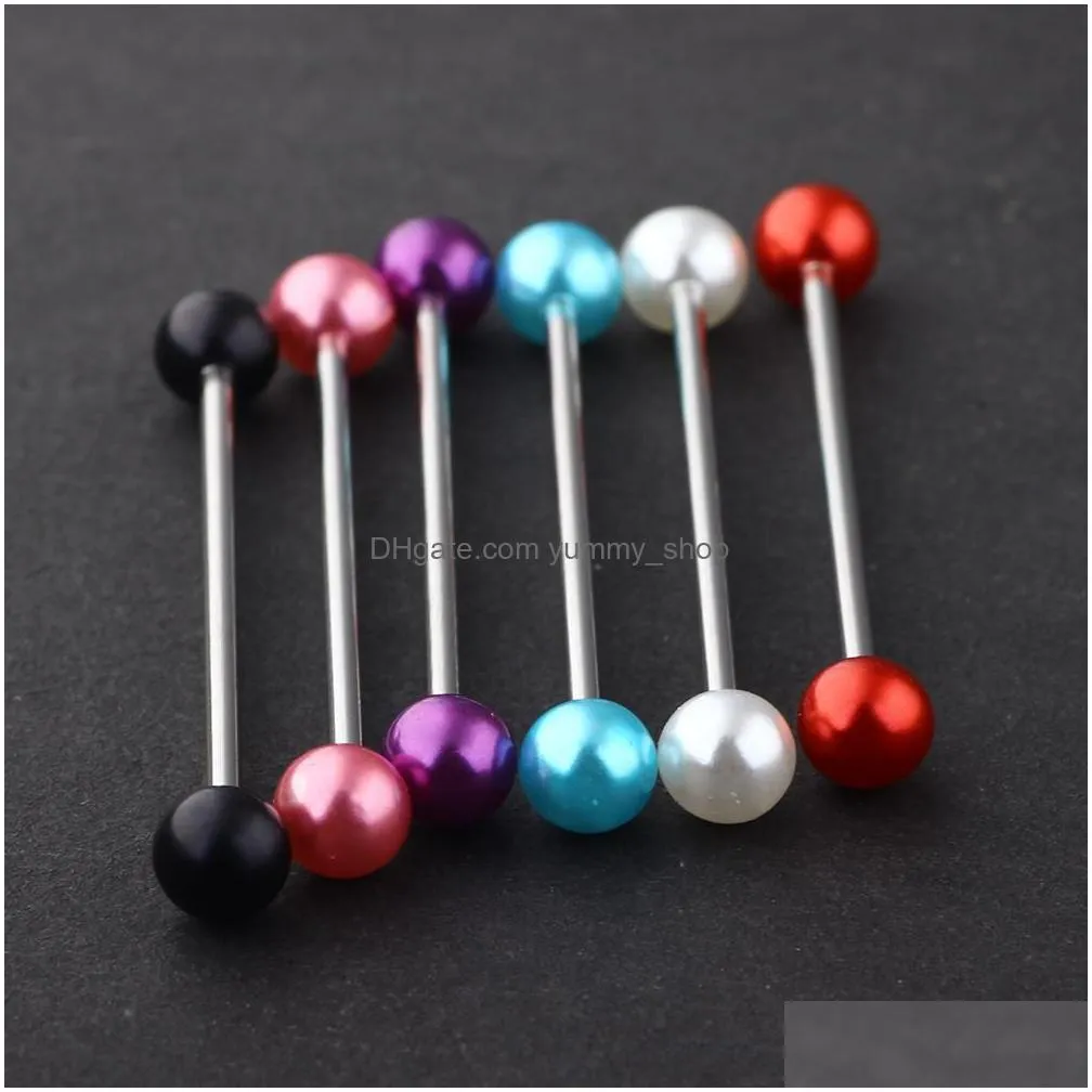 pearl acrylic ball stainless steel industrial bar long straight barbell ear stud body jewelry piercing 100pcs 14g