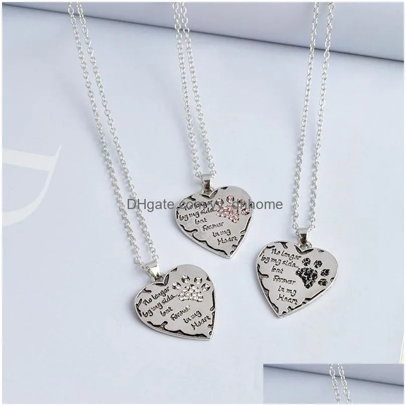 no longer be my side but forever in my heart pink white silver crystal cats dogs paws claw print heart necklace