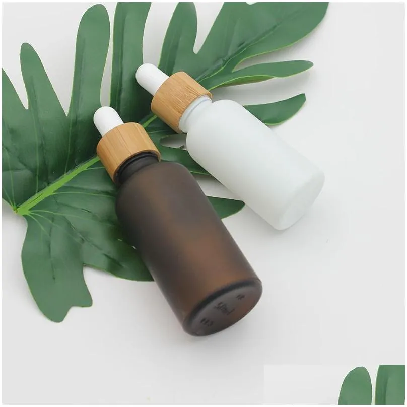 frosted amber white glass dropper bottle 15ml 30ml 50ml with bamboo cap 1oz wooden essential oil bottles