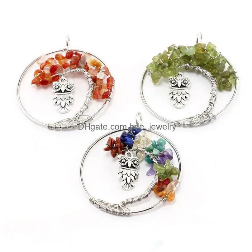 women rainbow 7 chakra amethyst tree of life quartz chips owl pendant necklace multicolor wisdom tree natural stone necklace 