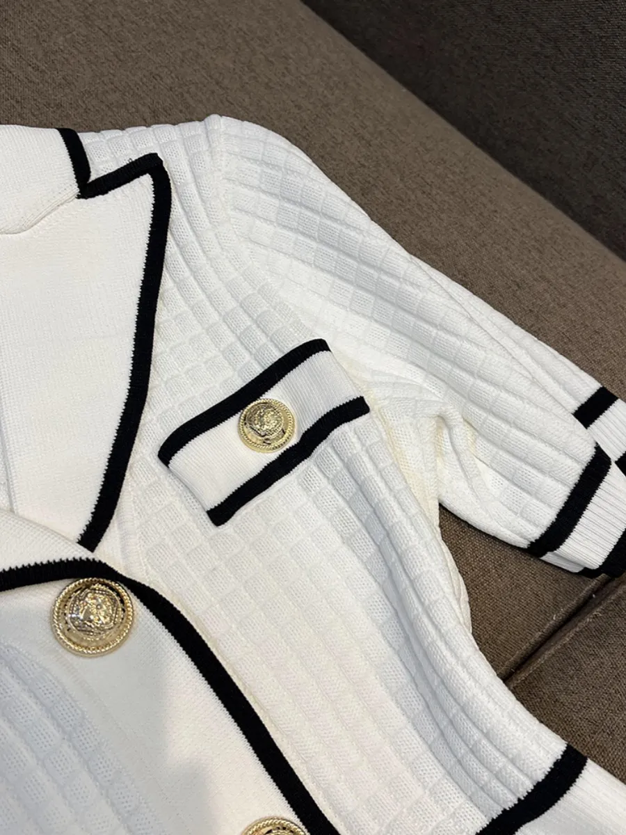 2024 Summer White / Black Contrast Color Panelled Knitted Dress Short Sleeve Notched-Lapel Buttons Single-Breasted Casual Dresses O3L011803