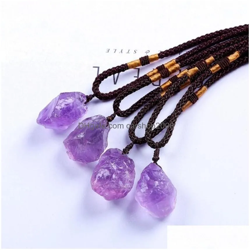 wholesale irregular shape amethyst stone pendant handmade rope chain necklace yellow citrine crystal jewelry