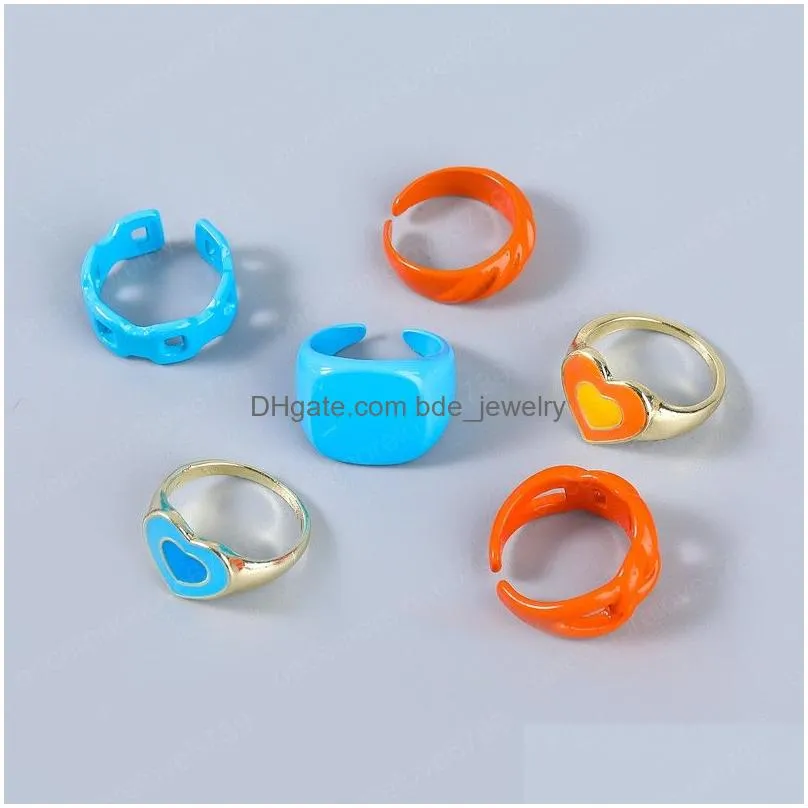 vintage colorful heart y2k ring set open copper rings for women candy color hand painted rings jewelry