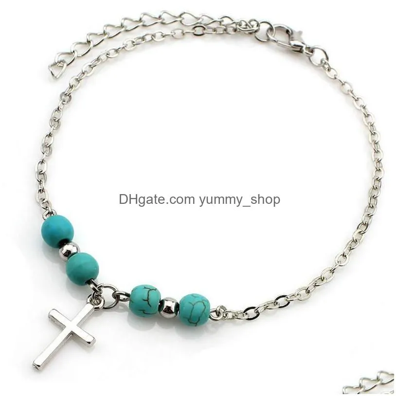 6 styles bohemian turquoise anklets women beach foot chains cross tree turtles conch fatimas hand anklet for ladies fashion jewelry