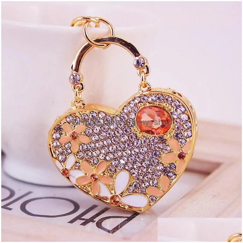 3pcs/lot bag charm key rings enamel flowers decorated crystal rhinestone paved alloy love heart pendant keychain fashion car key