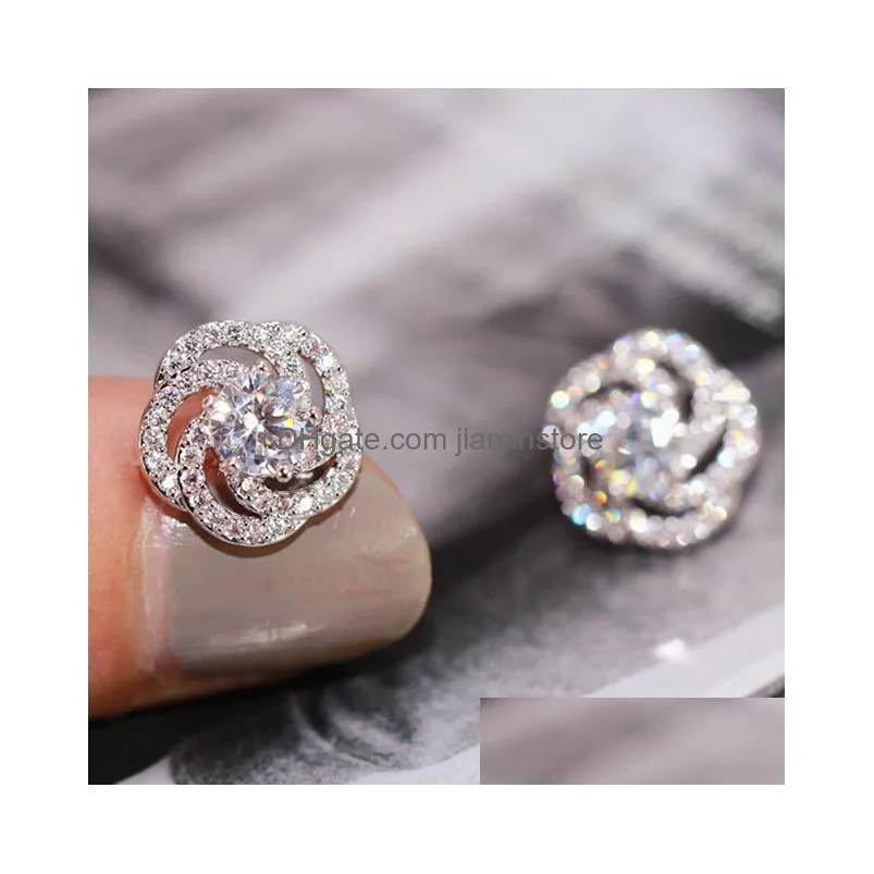 fashion women stud earring new trendy silver color rose flower shiny zircon crystal earrings ladies wedding jewelry gift