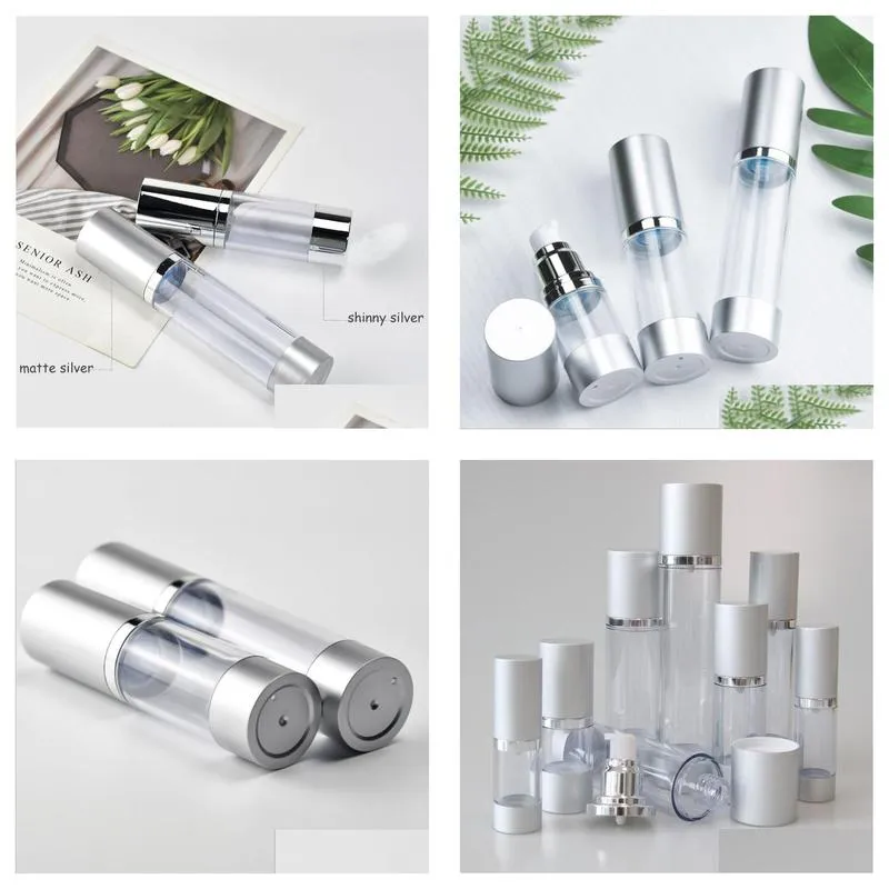 silver empty cosmetic airless bottle 15ml 30ml 50ml portable refillable plastic pump bottles for liquid lotion essence