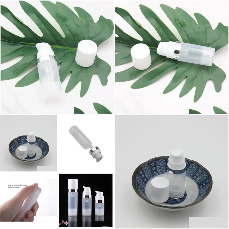 empty 5ml 10ml airless bottles clear vacuum pump lotion bottle with silver ring cover cosmetic packaging