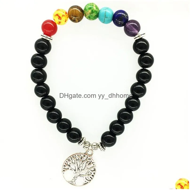 8mm natural rainbow 7 chakra beads stone bracelets tree of life pendant black white stone bracelet stretch yoga jewelry