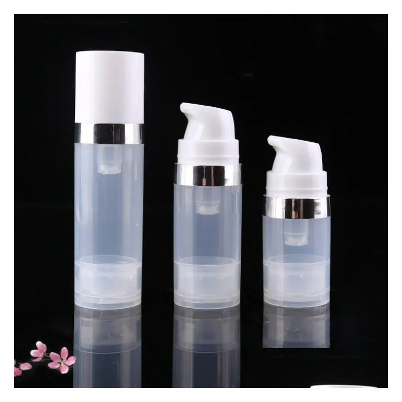 empty 5ml 10ml airless bottles clear vacuum pump lotion bottle with silver ring cover cosmetic packaging