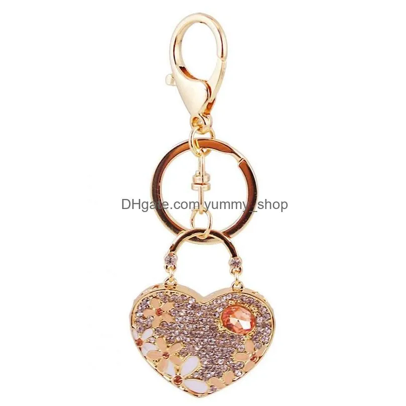 3pcs/lot bag charm key rings enamel flowers decorated crystal rhinestone paved alloy love heart pendant keychain fashion car key