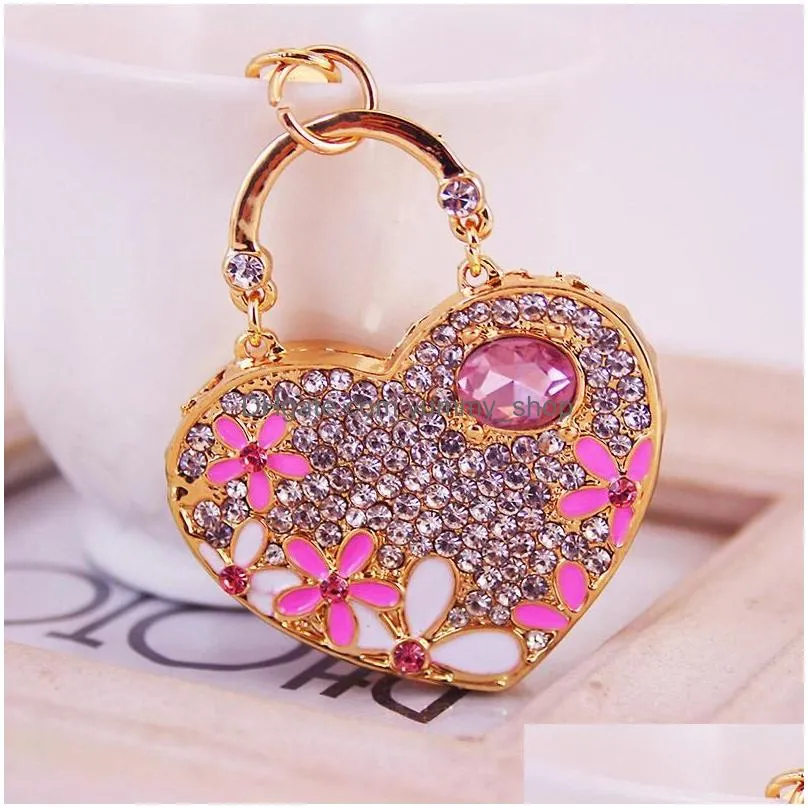 3pcs/lot bag charm key rings enamel flowers decorated crystal rhinestone paved alloy love heart pendant keychain fashion car key
