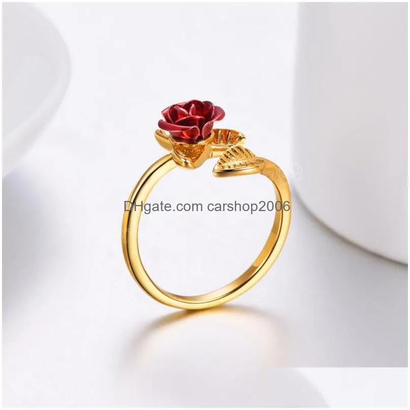 red rose garden flower leaves open ring resizable adjustable finger rings for women valentine day gift jewelry