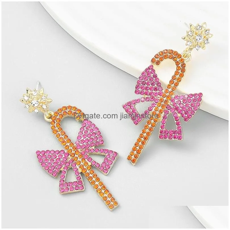 trend metal rhinestone bow cane dangle earrings festive party statement earrings 2022 womens accessories