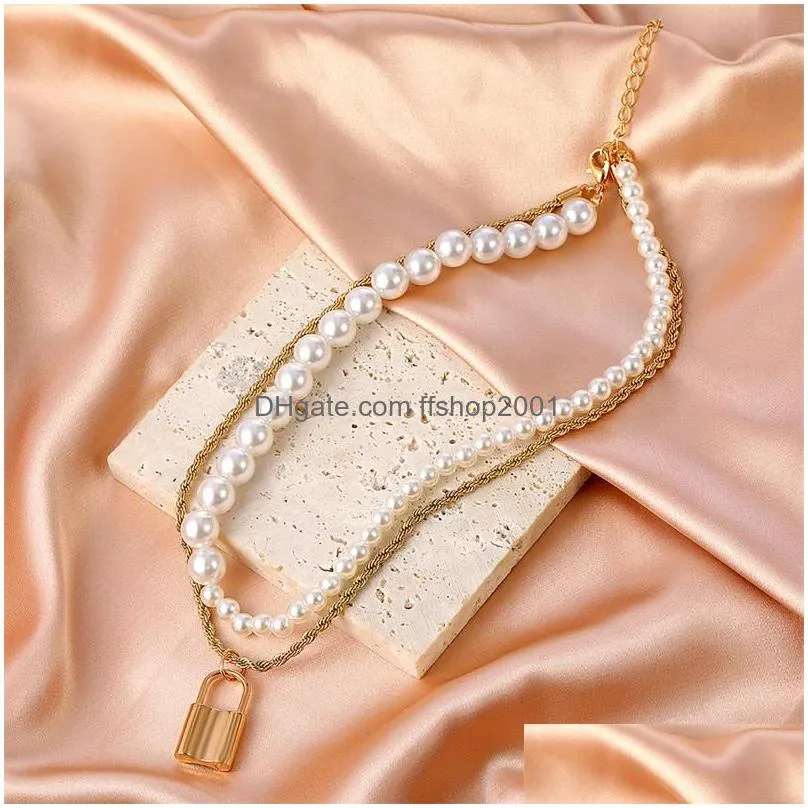lock shaped twist pendant necklaces women female baroque pearl beaded chains lady double layer party dress sweater clavicle chain accessories
