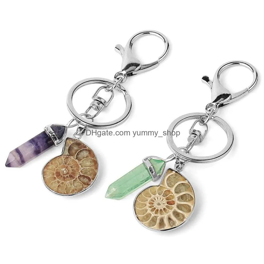 motorcycle car keychains natural gem stone ammonite shell fluorite reiki pendant keyring door bag key holder trinket