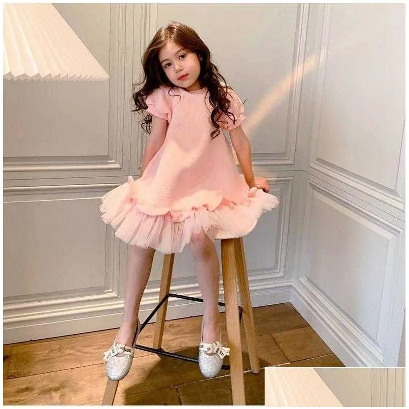 childrens pink casual skirt luxury designer brand fashion dress girls net yarn shortsleeved princess dress for kids q0716