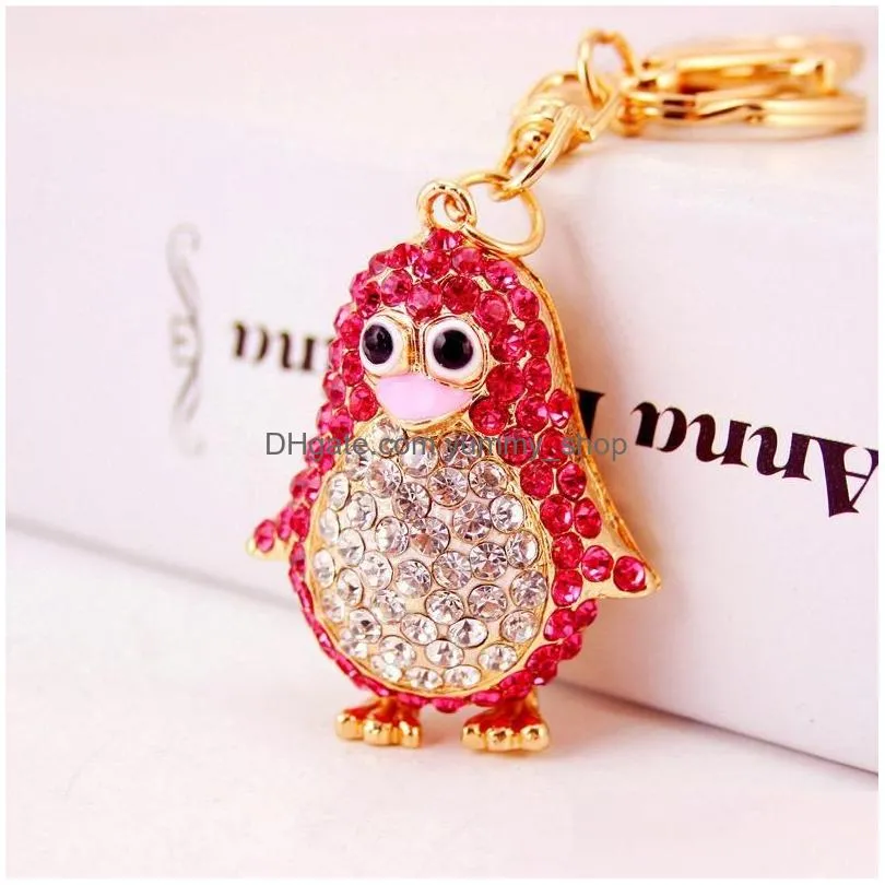 colorful cute bag keychain rhinestone animal penguin pendant car accessories key chains gold tone lobster clasp key ring holder