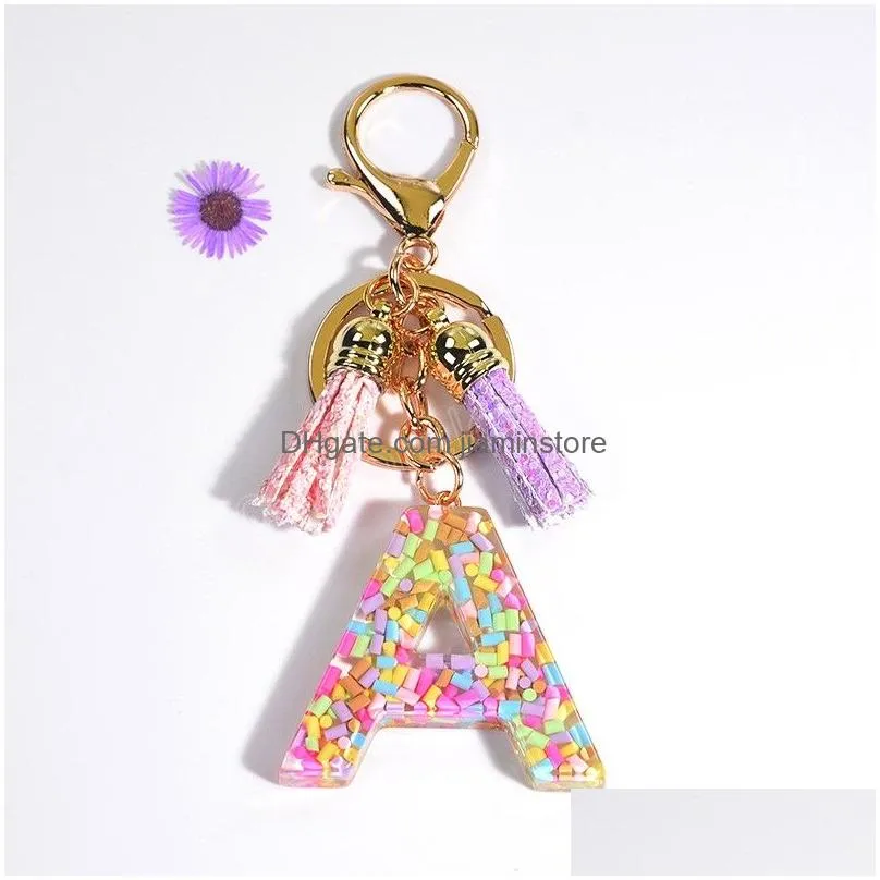english az alphabet letters key chain with tassel glitter keychains initial resin key ring chains handbag pendant car mirror