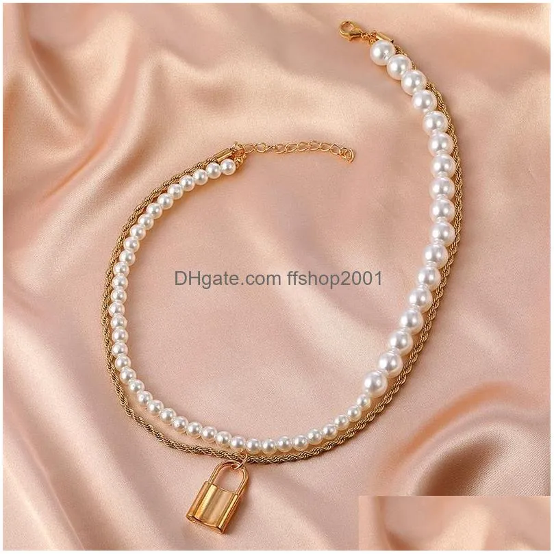 lock shaped twist pendant necklaces women female baroque pearl beaded chains lady double layer party dress sweater clavicle chain accessories