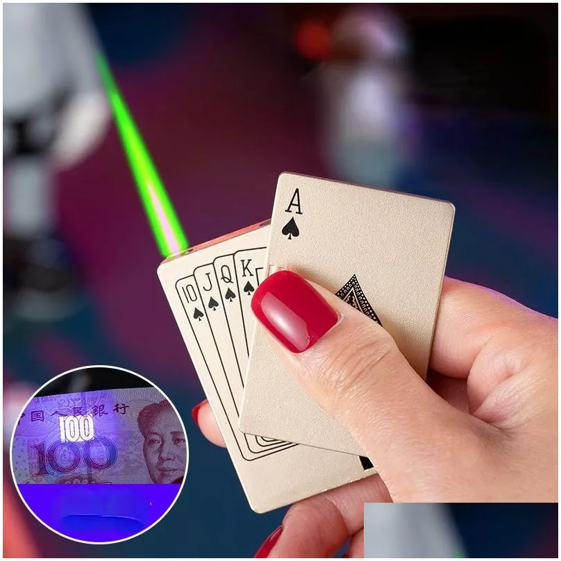 creative  torch green flame poker lighter metal windproof playing card novel lighter funny toy smoking accessories gift