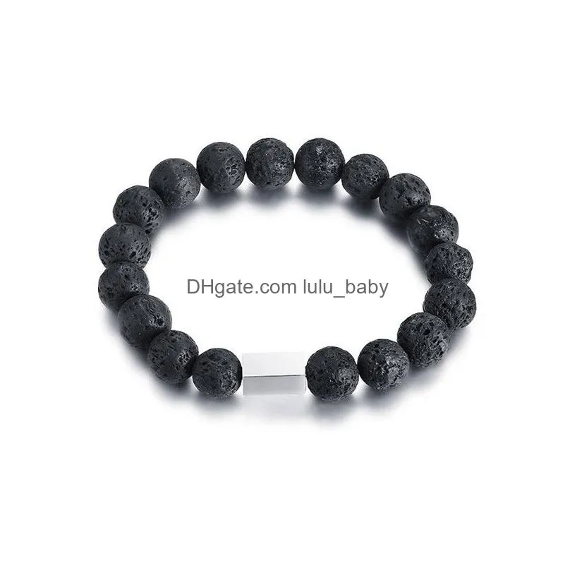 black natural stone beads link bracelet for women man simple stainless steel square tag pulseira casual jewelry