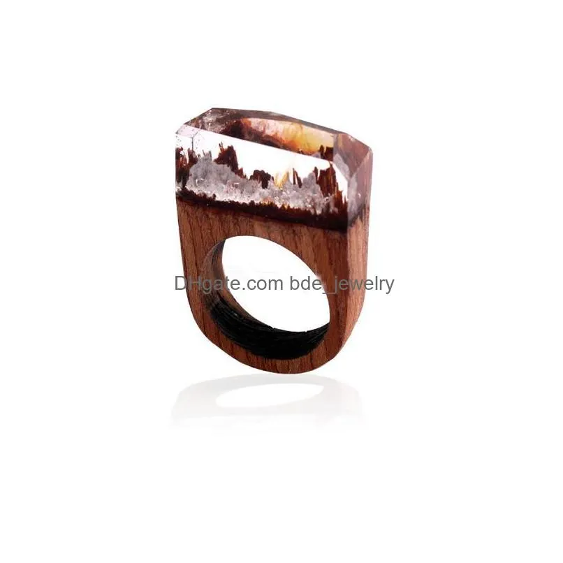 trendy resin wood wooden rose blooming secret forest miniature worlds inside ring for women finger jewelry