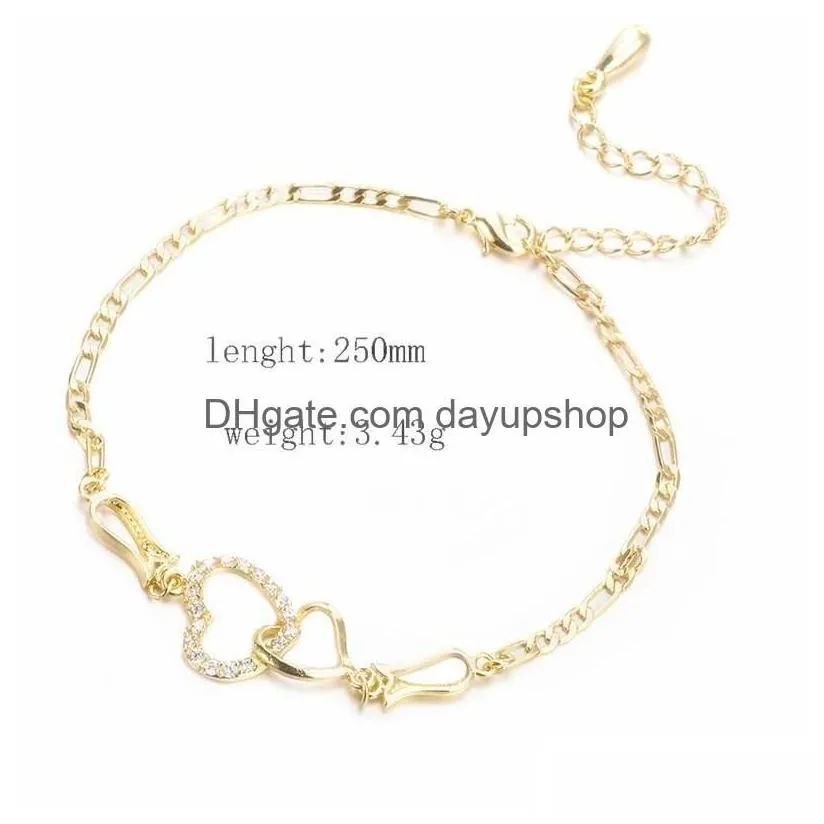 anklets women summer beach feet jewelry gold sier rose adjustable cz double hearts anklet chain bracelet for wedding party 295 w2 dr