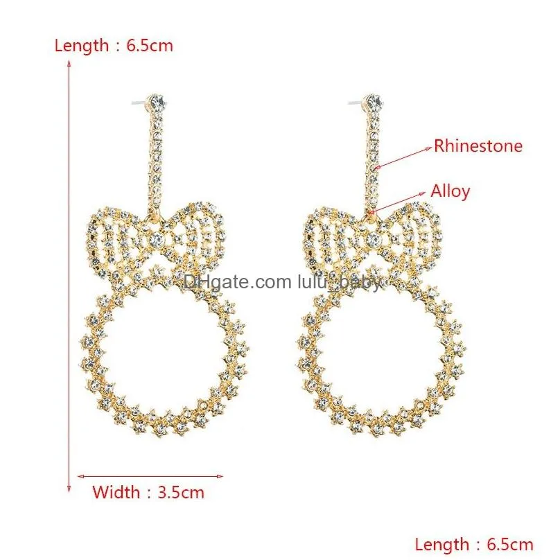 temperament crystal bowknot dangle earrings elegant geometric round circle pendant earring bridal wedding ear jewelry