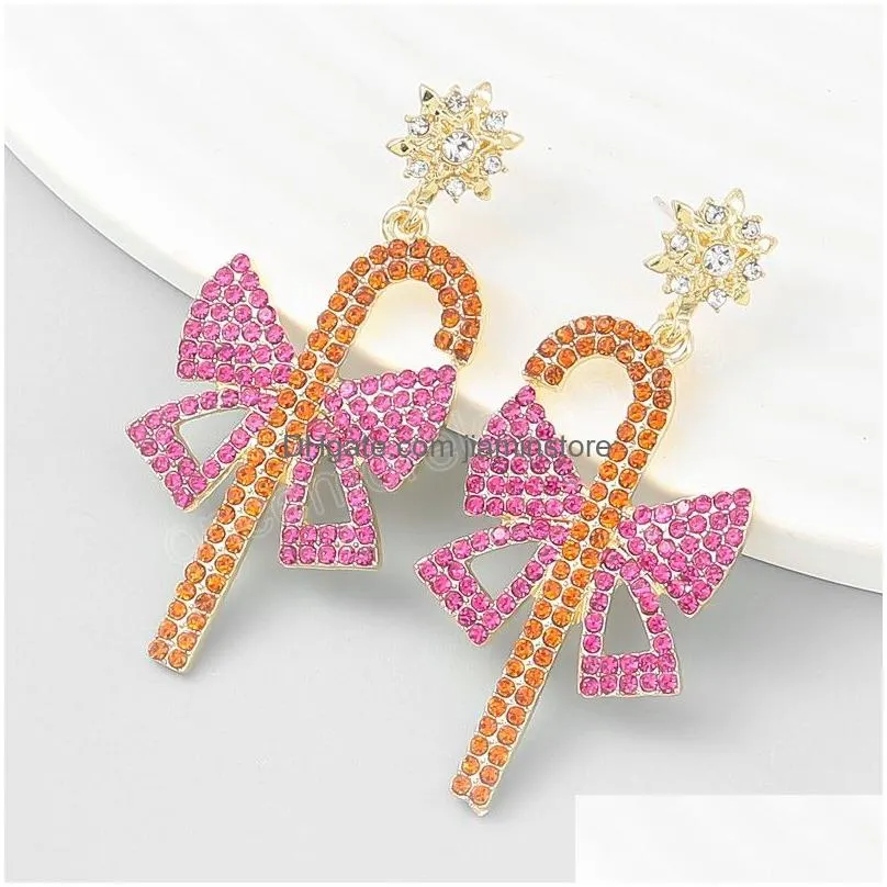 trend metal rhinestone bow cane dangle earrings festive party statement earrings 2022 womens accessories