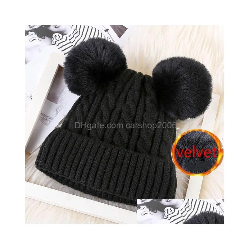 fashion women two faux rabbit fur pompom winter hat cap thickened warm plus velvet double pom pom cable knitted skullies beanie